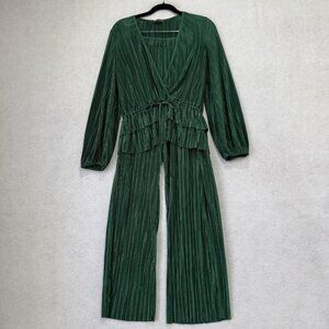 Zara Two Piece Set Womens Small Green Pleated Wrap Top Wide Leg Pants Peplum